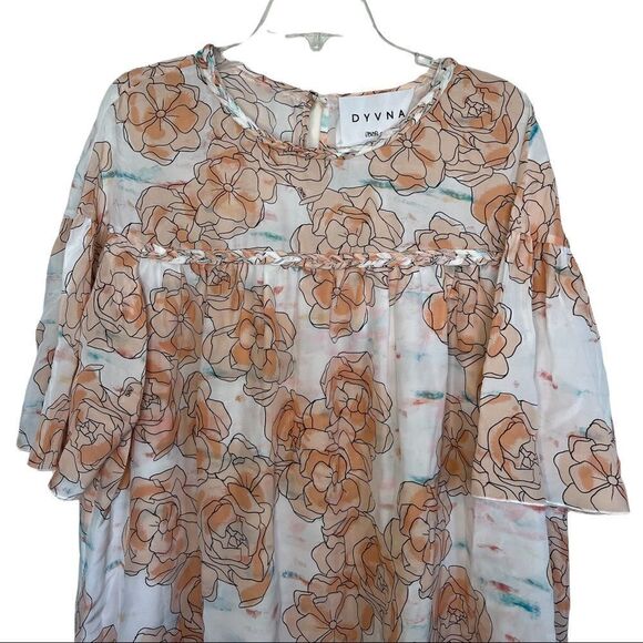 DYVNA Orange/White Floral Silk Bell Sleeve Braided Trim Shift Dress - Picture 6 of 12